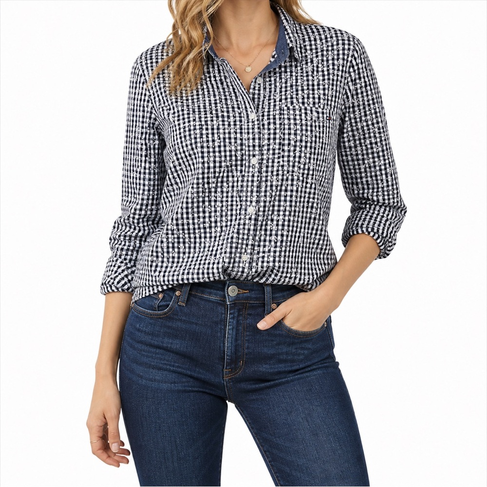 Tommy Hilfiger Floral Gingham Button Down Shirt Navy White Medium